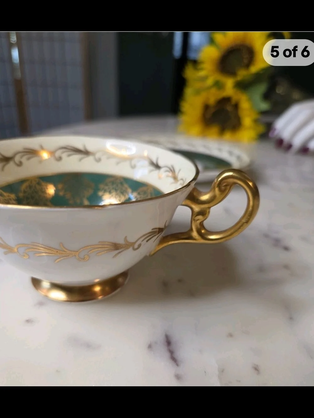 FOLEY Green and Gold Floral Porcelain Teacup and Saucer Set 1940's MINT